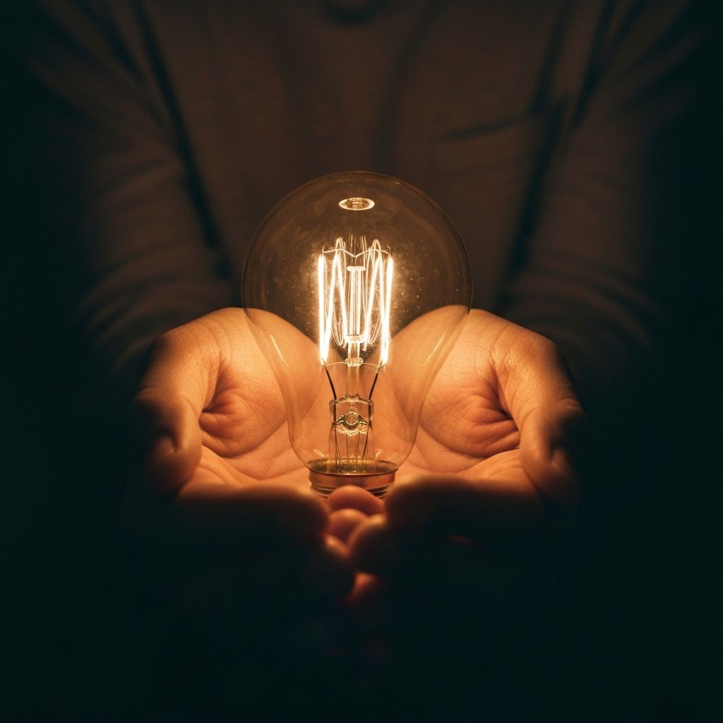 A glowing lightbulb held in hands, symbolizing the birth of an idea