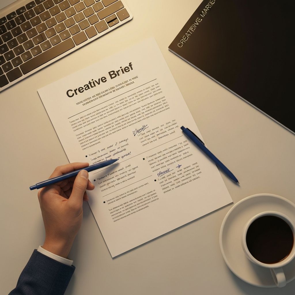 A creative brief document on a desk with handwritten notes and sticky notes
