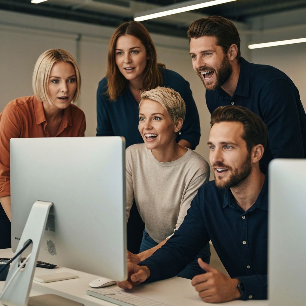 A marketing team gathered around screens watching their campaign go live