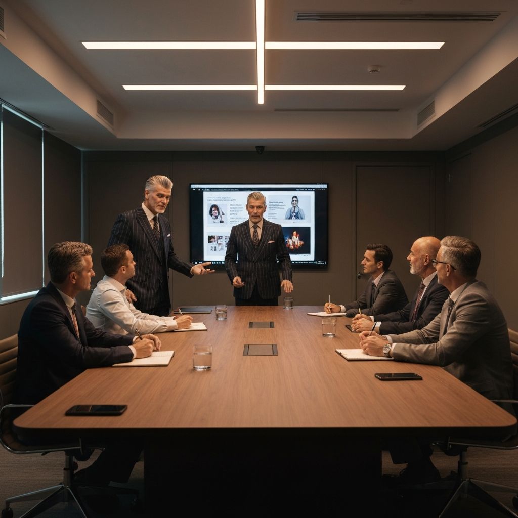 A creative director presenting campaign concepts to clients in a modern conference room