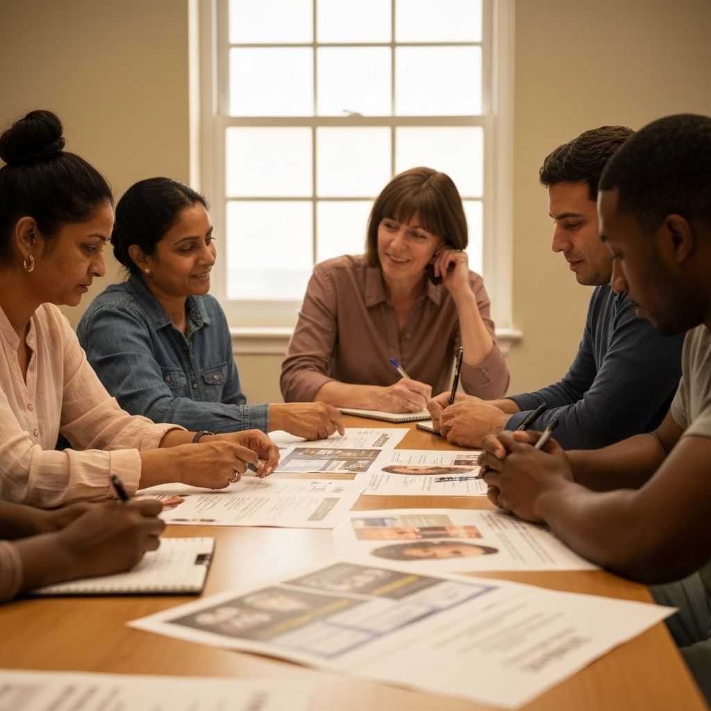 A focus group setting with people reviewing advertisement mockups