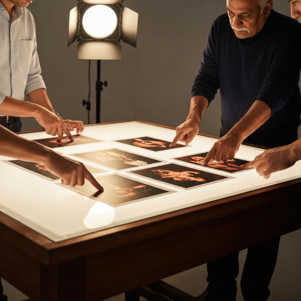 A photographer's light table with printed photographs being selected for an ad campaign